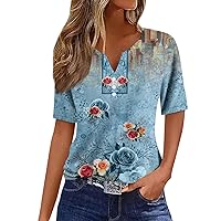 Women's Fashion Casual Vintage Printed V-Neck Short Sleeve Decorative Henley Blouses 2024 Trendy T Shirts