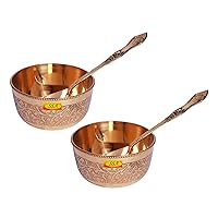 Heavy Gauge Pure Brass Bowl/Pooja Bowl/Katori Serving Bowl with Spoon Set - (Embossed Karvi Eatching 2020 Design, Vol - 150 ML Each) Set of 2 Pcs