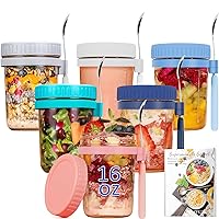 AYGXU 6PCS Overnight Oats Containers with Lids and Spoon,14 oz Wide Mouth Mason Jars for Overnight Oats, Glass Food Storage Containers for Salads Yogurt Cereal Milk On The Go（with Recipe Book）