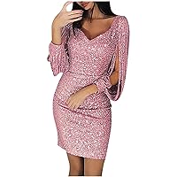 Women’s Sexy Deep-V Sequin Glitter Tassel Sleeve Cocktail Party Mini Dress Hollow Out Long Sleeve Bodycon Pencil Dress