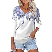 3/4 Length Sleeve Womens Tops Summer V Neck Vacation Shirts Comfy Loose fit Blouse