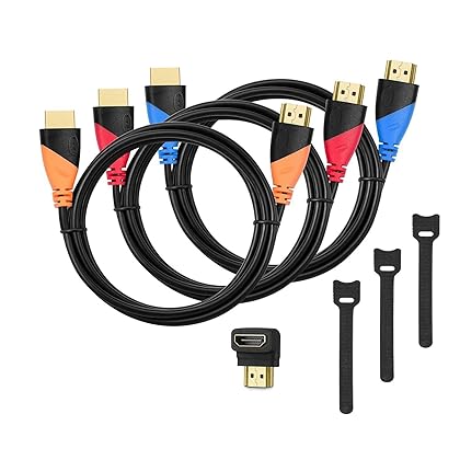 HUANUO High-Speed HDMI Cable(3 Pack)-6ft with Gold Plated Connectors, Bonus Right Angle Adapter and Cable Tie, Support Ethernet, 3D,1080P and Audio Return Channel