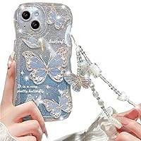 for iPhone 15 Glitter Butterfly Case for Women, Cute Curly Wave Frame Gradient Bling Sparkle with Lovely Wrist Strap Chain Soft TPU Shockproof Clear Girls Case for iPhone 15 6.1 inch (Blue)
