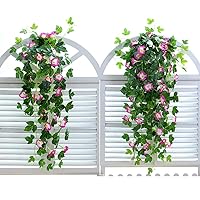 Artificial Vines 2pcs Artificial Morning Glory Trumpet Flower Vine Fake Green Plant Home Garden Wall Fence Outdoor Wedding Hanging Baskets Decor