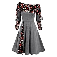 Winter Christmas Retro Dress Womens Off Shulder Long Sleeve Cocktail A-Line Swing Dress Lace-Up Capelet Prom Gown