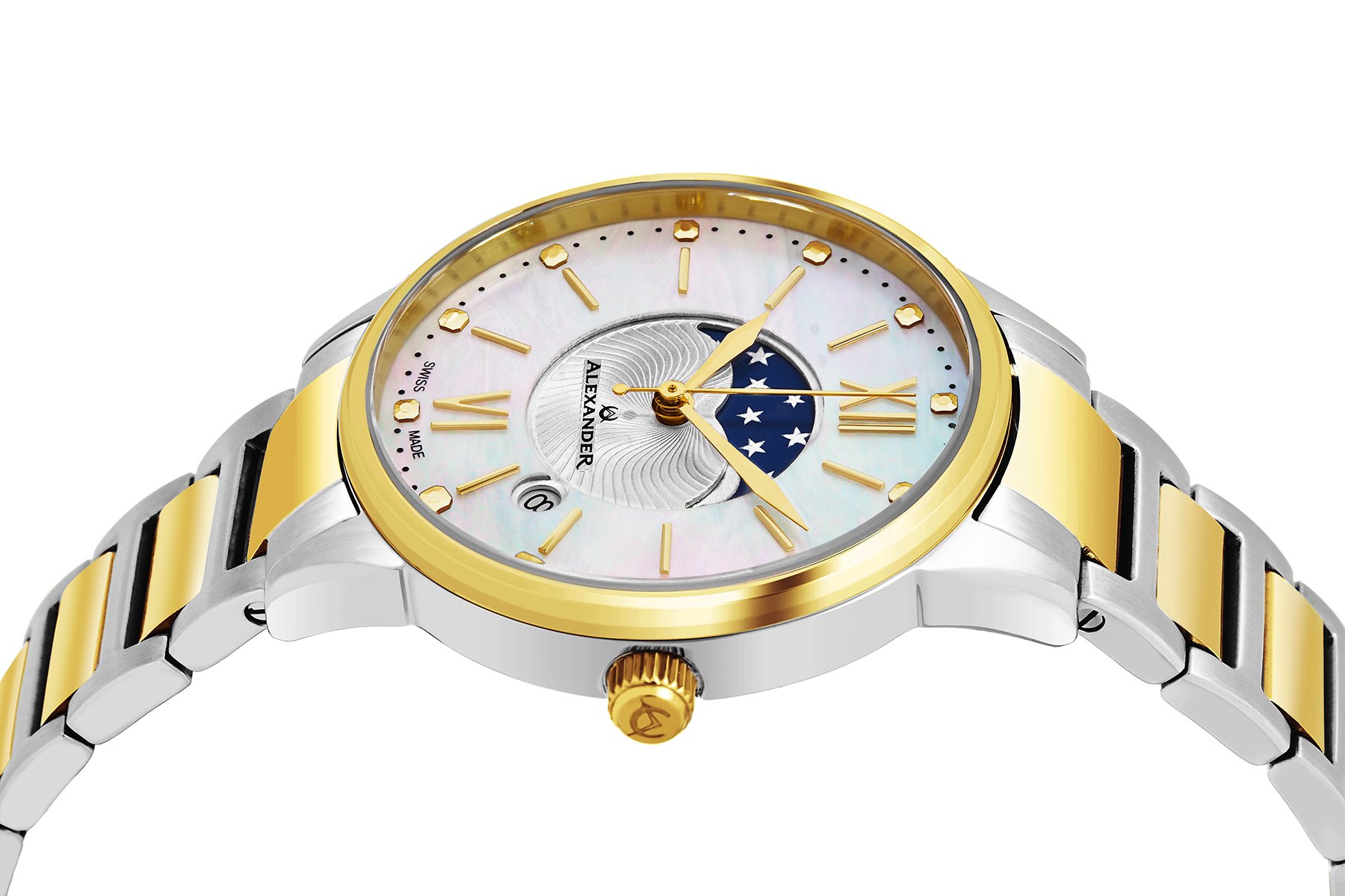 Alexander Monarch Vassilis Moon Phase Date White Mother of Pearl 35 MM Face Stainless Steel Yellow Gold Watch for Women - Swiss Quartz Elegant Two Tone Ladies Fashion Designer Dress Watch A204B-04