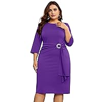 KIMCURVY Women's Plus Size 3/4 Sleeve Dress Evening Pencil Dress for Business Cocktail Party with Revomable Rhinestone
