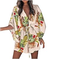 Womens Spring Fashion 2023 Dress, Women's Summer 3/4 Sleeve V Neck Holiday Dress Boho Print Drawstring Sun Beach Dress