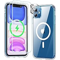 Strong Magnetic Clear for iPhone 11 Case[Compatible with Magsafe][Non Yellowing][2 Pcs Glass Screen Protector+Camera Lens Protector]Shockproof Slim Thin Magnetic Case Phone Case Cover 6.1-Clear