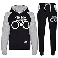 Boys Girls Pedal Power Print Black & Grey Tracksuit Hoodie With Bottom Joggers Sweatpants Activewear Set Childrens