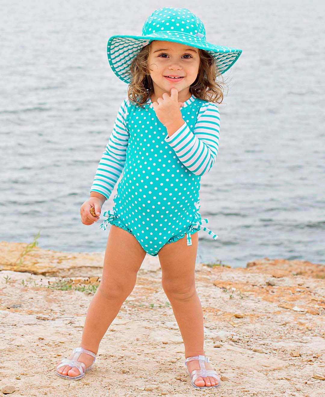 RuffleButts® Baby/Toddler Girls Long Sleeve One Piece Swimsuit with UPF 50+ Sun Protection