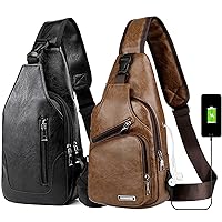 Peicees Pack of 2 Leather Sling Bag Mens Crossbody Bag Chest Bag Sling Backpack for Men with USB Charge Port, Vertical Zipper Black & Classic Light Brown