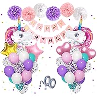 Unicorn Birthday Decorations for Girls, 40'' Large Foil Balloons 12'' Purple Pink Balloons Confetti Latex Balloons Paper Flower Happy Birthday Banner for Unicorn Birthday Party Supplies & 2 Ribbons