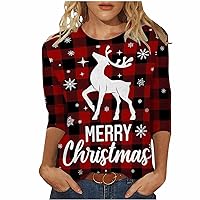 Christmas Shirts for Women,Women's Fashion Casual Three Quarter Sleeve Christmas Day Print Round Neck Pullover Top Blouse