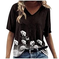 Womens T Shirts Loose Fit, Women's Fashionable and Versatile Unique V-Neck Advanced Printed Short-Sleeved Top