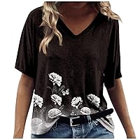 Womens Summer V Neck Tshirts Shirts Plus Size Short Sleeve Casual Tops Boho Floral Tees Loose Fit Blouse S-5X