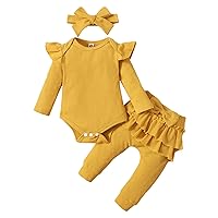 Teens Clothes for Girls Winter Infant Baby Boys Girls Romper Sets Long Sleeve Solid Romper Bodysuit and Ruffles Pants Headbands Outfits Teen Girl Clothes Pants (Yellow, 6-9 Months)