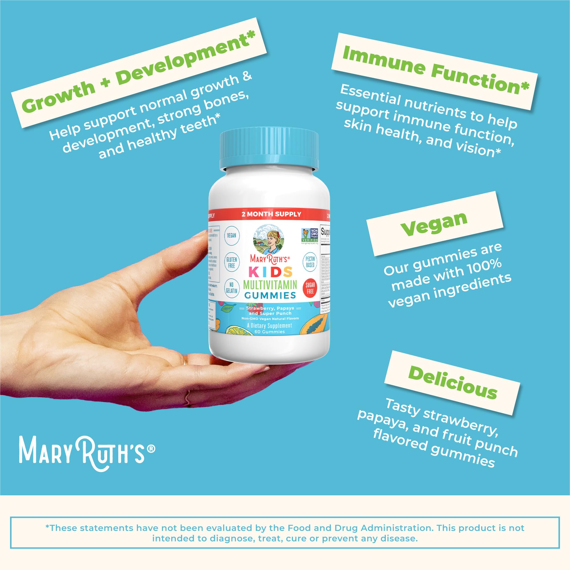 MaryRuth's Kids Multivitamin Gummies | 2 Month Supply | Sugar Free | Kids & Toddlers Ages 2+ | Essential Vitamins C, D3, Zinc | 60 Count