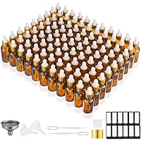 PrettyCare Eye Dropper Bottle 1 oz (99 Pack Amber Glass Bottles 30ml with Golden Caps, Extra Plastic Measured Pipettes, Labels, Funnel) Empty Tincture Bottles for Essential Oils