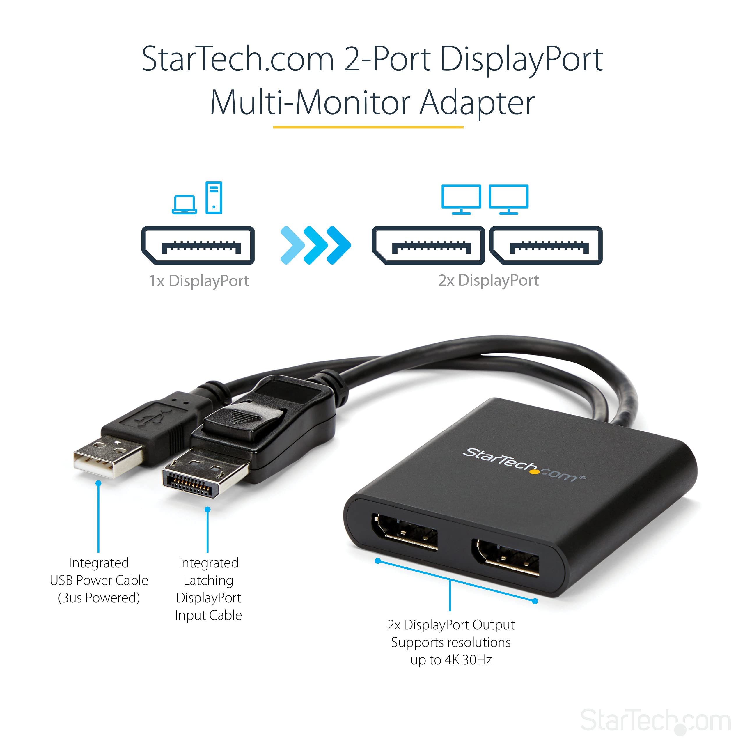 StarTech.com Dual-Monitor DisplayPort 1.2 Splitter, DisplayPort to 2x DP Multi-Monitor Adapter, Dual 4K 30Hz or 1080p 60Hz Computer MST Hub, USB Bus-Powered, Windows Only (MSTDP122DP)