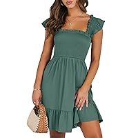 ANRABESS Womens Summer Casual Sleeveless Square Neck Smocked Ruffle Backless Boho Mini Dress 2024 Trendy Short Sundress