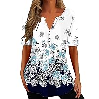 Plus Size Tops for Women 3/4 Sleeve Dressy Summer Shirts for Women 2024 Print V Neck Short Sleeve Tops Floral