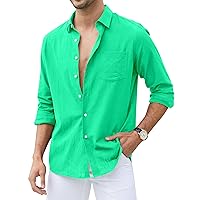 Men's Loose-Fit Long-Sleeve Untucked Cotton Linen Business Casual Button Down Shirt with Pocket
