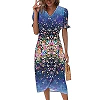 2024 Beach Dresses for Women Print Elegant Wrap V Neck Short Sleeve Boho Dress Flowy Ruched Hawaiian Maxi Dress