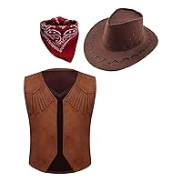 ACSUSS Western Cowboy Kids Costume for Cosplay Party Boys Kids Brown Fringe Open Front Vest Role Play Dress Up