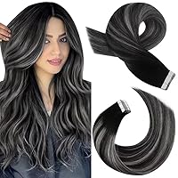 Moresoo Black Ombre Tape in Hair Extensions Human Hair Silver Tape in Extensions Balayage Off Black to Silver with Black Tape in Seamless Hair Extensions Real Hair 20 Inch #1B/Silver/1B 20pcs 50g
