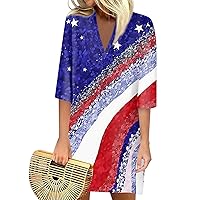 Summer Dresses for Women Fashion Casual Independence Day Printed July 4th Patriotic Loose V Neck 3/4 Sleeve Dress