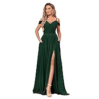 Women's Off Shoulder Bridesmaid Dress with Slit Chiffon Pleated Long Formal Dress with Pockets