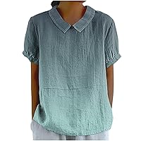 Sweet Peter Pan Collar Blouse Womens Gradient Short Sleeve Keyhole Back Shirts Summer Preppy Casual Tee Tops