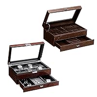 BEWISHOME Watch Box for Men Luxury Watch Organizer Watch Case with Jewelry Drawer, Real Glass Top, Metal Hinge Bundle