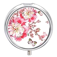 Round Pill Box Butterfly Blossom Peach Flowers Portable Pill Case Medicine Organizer Vitamin Holder Container with 3 Compartments
