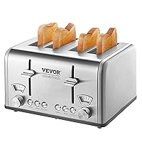 VEVOR Retro Stainless Steel Toaster, 4 Slice, 1625W 1.5'' Extra Wide Slots Toaster with Removable Crumb Tray 6 Browning Level, Reheat Cancel Defrost and Bagel Functions for Toasting Bread Bagel Waffle