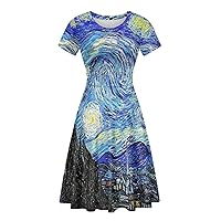 Women's Van Gogh Art 3D Print Short Sleeves Summer Casual Flowy Swing Midi Dress