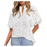 Eyelet Tops for Women Summer Tops, Eyelet Blouse for Women Hollow Out Lace Top Embroidered Blouses, V Neck Button Puff Sleeve
