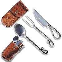 Customize 3 piece Viking Medieval Cutlery Set, Hand Forged Medieval Feasting Set, Handmade Twisted Pattern Eating Utensil Set, Flatware Carbon Steel Set with Leather Pouch
