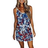 4th of July Outfits for Women Slip Dress V Neck Sleeveless Wrap Dress American Flag Sun Dress for Beach Vacation
