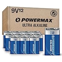 Powermax 12-Count 9V Batteries, Ultra Long Lasting Alkaline Battery, 7-Year Shelf Life, Reclosable Packaging
