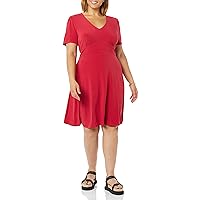 Amazon Essentials Women's Short Sleeve V-Neck Gathered Fit and Flare Dress