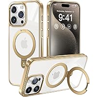 Alphex Titanium Stand for Magsafe iPhone 15 Pro Max Case, Polished Titanium Match for iPhone, 12FT Military Drop Protection, Shockproof Phone Ring Slim Cover 6.7 inch, Gold
