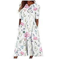 Summer Dresses for Women 2024 Trendy Crewneck/V Neck Maxi Dress Short Sleeve Dressy Casual Sundress with Pocket Today(1-Pink,XX-Large)