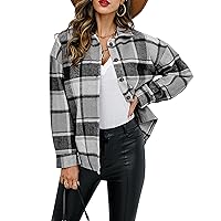 Flygo Womens Fall Plaid Flannel Shirt Shacket Jacket Color Block Button Down Shirts Tops(Grey-XL)