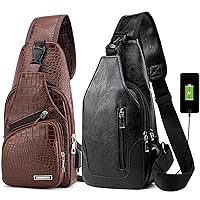 Peicees Pack of 2 Leather Sling Bag Mens Crossbody Bag Chest Bag Sling Backpack for Men with USB Charge Port, Crocodile Grained Dark Brown & Vertical Zipper Black