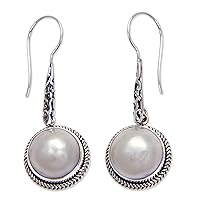 NOVICA Handmade .925 Sterling Silver Cultured Freshwater Pearl Dangle Earrings Mabe from Bali White Indonesia Birthstone [1.7 in L x 0.6 in W x 0.4 in D] 'White Camellia'