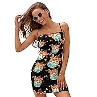 Corgi Cupcake Slim Slip Dress for Women Sexy Mini Dress Backless Sundress Summer Dresses