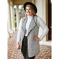 Plus Size Womens Jackets Plus Houndstooth Waterfall Collar Open Front Vest Overcoat Plus Size Jackets (Color : Black and White, Size : X-Large)