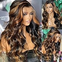 180% Density Highlight Body Wave 13X6 HD Invisible Lace Front Wigs Human Hair Pre Plucked 1B/30 Ombre Brown Brazilian Remy Hair Balayage Colored Glueless Wigs with Baby Hair Bleached Knots 20Inch